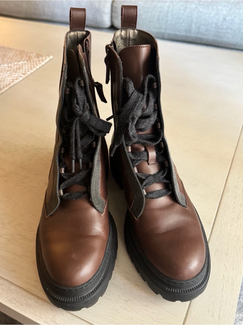 Brunello Cucinelli Brown Leather Lace-Up Combat Boots with Black Soles
